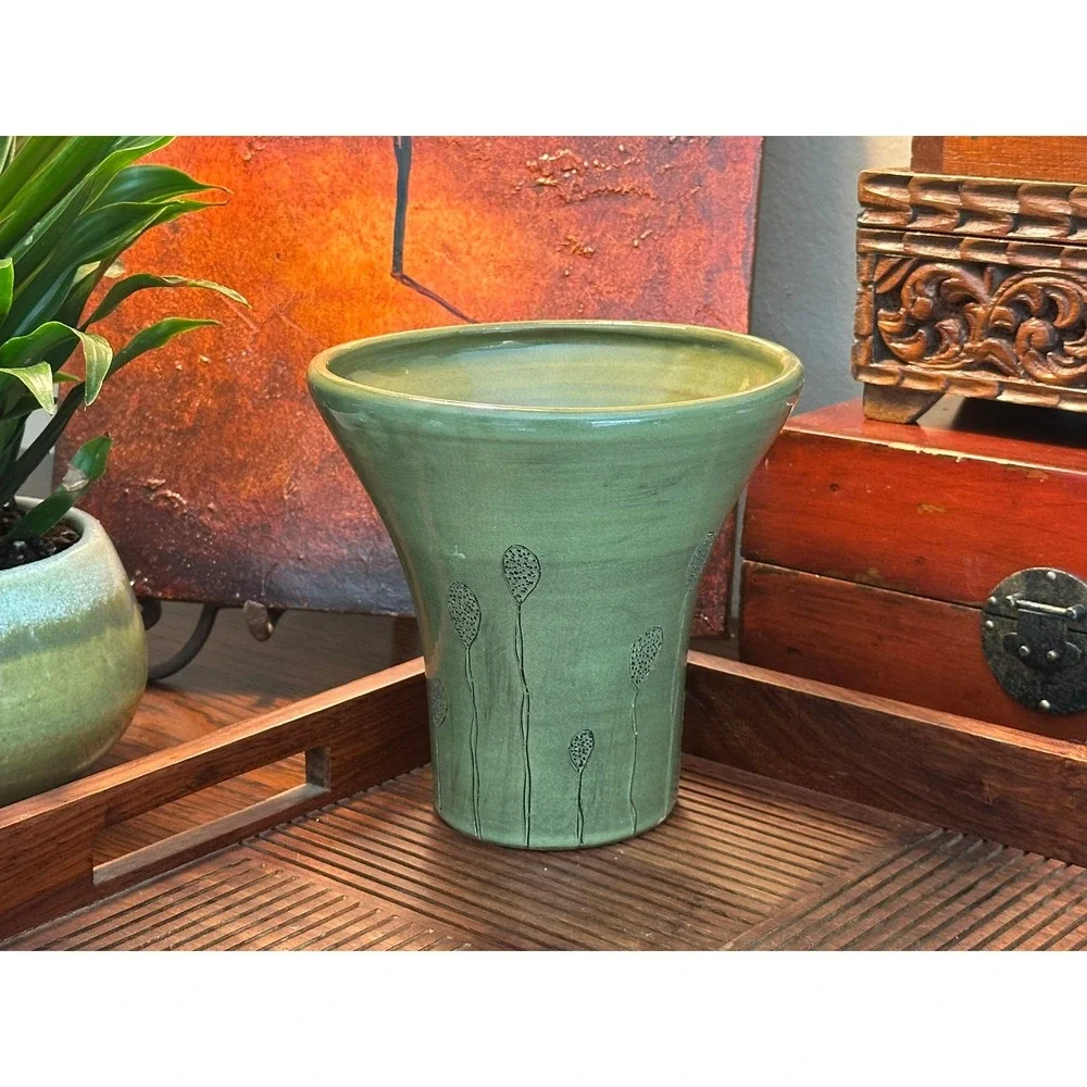 Diana Fayt Synergy Designs Green Pottery Vase Artist Signed Made in Hungary 6in